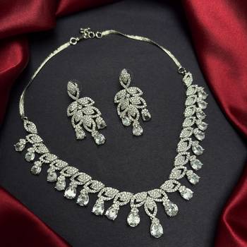 CZ Bridal Necklace Set, Statement Drop Earrings, Rhodium Plated Chandelier Jewelry 2