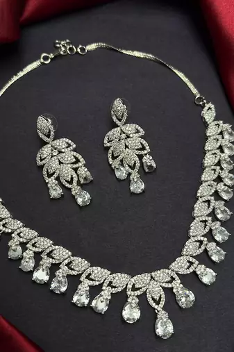 CZ Bridal Necklace Set, Statement Drop Earrings, Rhodium Plated Chandelier Jewelry