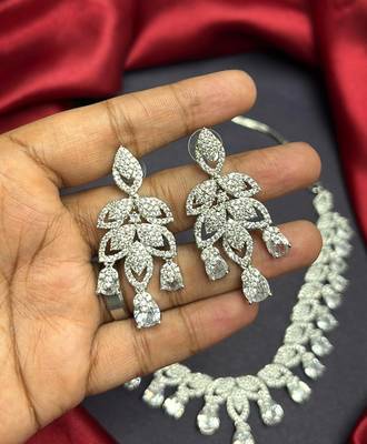 CZ Bridal Necklace Set, Statement Drop Earrings, Rhodium Plated Chandelier Jewelry 3