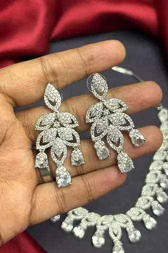 CZ Bridal Necklace Set, Statement Drop Earrings, Rhodium Plated Chandelier Jewelry