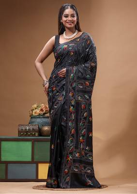 black silk blend stitch saree with multicolor hand-embroidered floral pallu 2