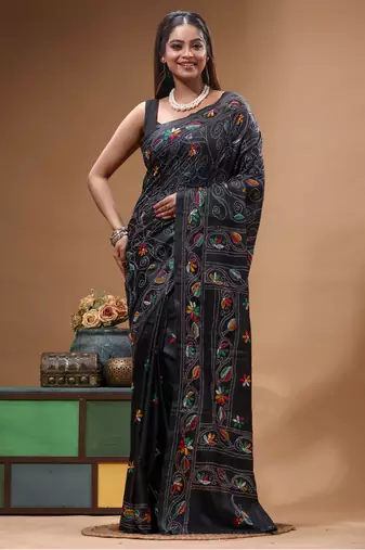 black silk blend stitch saree with multicolor hand-embroidered floral pallu