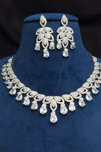 CZ Bridal Necklace Set, Statement Drop Earrings, Rhodium Plated Chandelier Jewelry