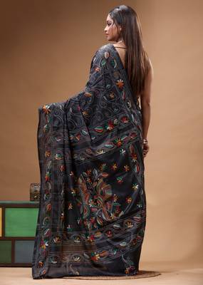 black silk blend stitch saree with multicolor hand-embroidered floral pallu 3
