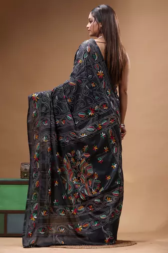 black silk blend stitch saree with multicolor hand-embroidered floral pallu