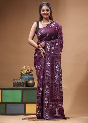 wine silk blend stitch saree with offwhite hand-embroidered floral pallu 1