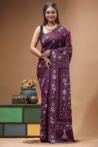 wine silk blend stitch saree with offwhite hand-embroidered floral pallu