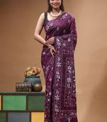 wine silk blend stitch saree with offwhite hand-embroidered floral pallu