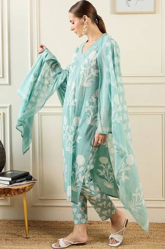 Women Floral Printed Regular Mirror Work Pure Cotton Kurta with Trousers & With Dupatta