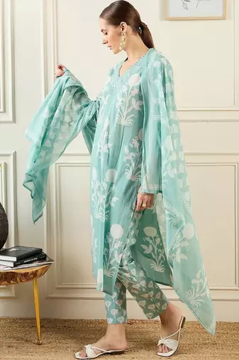 Women Floral Printed Regular Mirror Work Pure Cotton Kurta with Trousers & With Dupatta