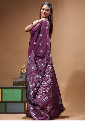 wine silk blend stitch saree with offwhite hand-embroidered floral pallu 2