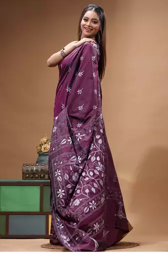 wine silk blend stitch saree with offwhite hand-embroidered floral pallu