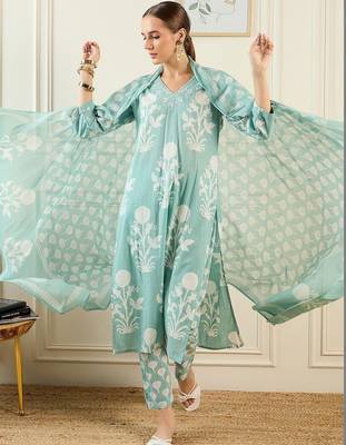 Women Floral Printed Regular Mirror Work Pure Cotton Kurta with Trousers & With Dupatta 2