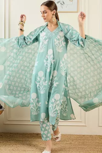 Women Floral Printed Regular Mirror Work Pure Cotton Kurta with Trousers & With Dupatta