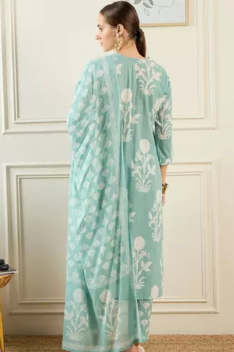 Women Floral Printed Regular Mirror Work Pure Cotton Kurta with Trousers & With Dupatta