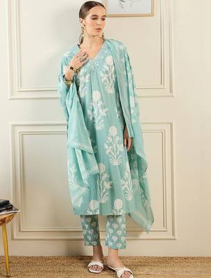 Women Floral Printed Regular Mirror Work Pure Cotton Kurta with Trousers & With Dupatta 4