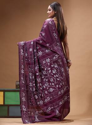 wine silk blend stitch saree with offwhite hand-embroidered floral pallu 3