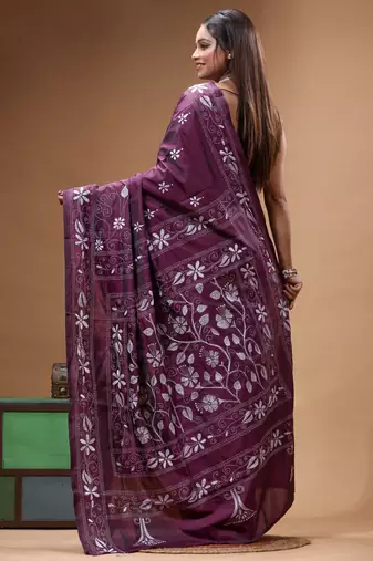 wine silk blend stitch saree with offwhite hand-embroidered floral pallu