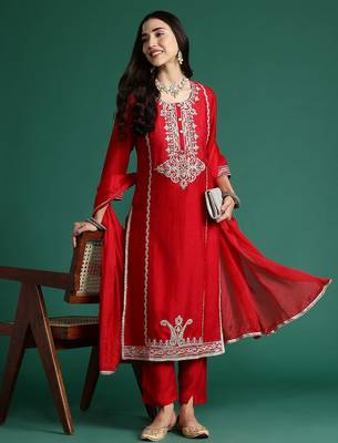 Ethnic Motifs Embroidered Kurta with Trousers & With Dupatta 1