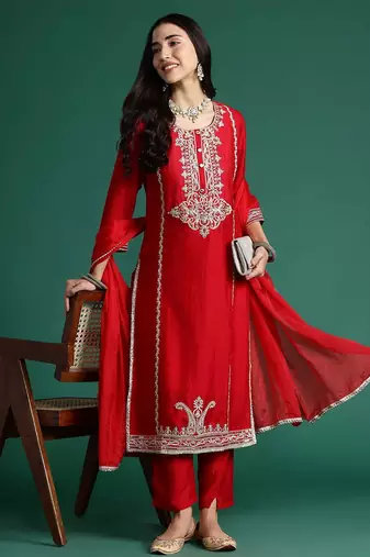 Ethnic Motifs Embroidered Kurta with Trousers & With Dupatta
