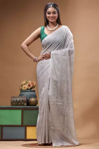 offwhite silk blend stitch saree with self hand-embroidered floral pallu