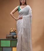 offwhite silk blend stitch saree with self hand-embroidered floral pallu