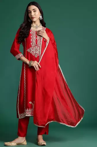 Ethnic Motifs Embroidered Kurta with Trousers & With Dupatta