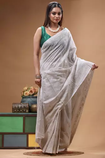 offwhite silk blend stitch saree with self hand-embroidered floral pallu