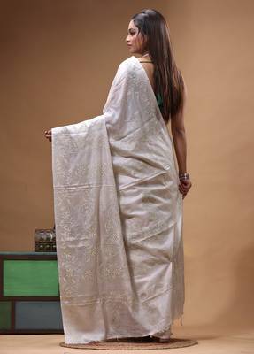 offwhite silk blend stitch saree with self hand-embroidered floral pallu 3