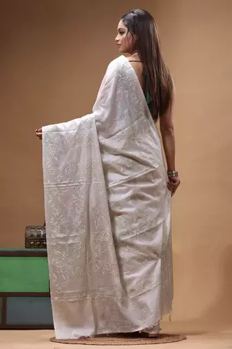 offwhite silk blend stitch saree with self hand-embroidered floral pallu