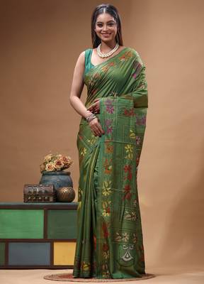 olive green silk blend stitch saree with multicolor hand-embroidered floral pallu 1