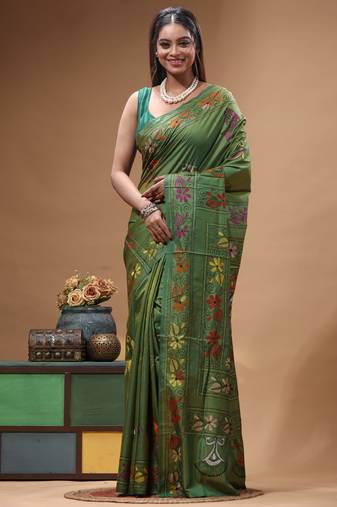 olive green silk blend stitch saree with multicolor hand-embroidered floral pallu