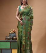 olive green silk blend stitch saree with multicolor hand-embroidered floral pallu