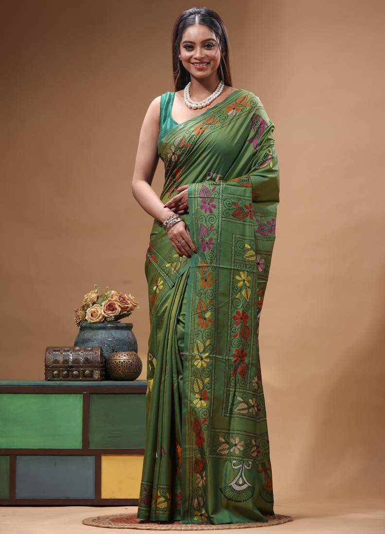 olive green silk blend stitch saree with multicolor hand-embroidered floral pallu