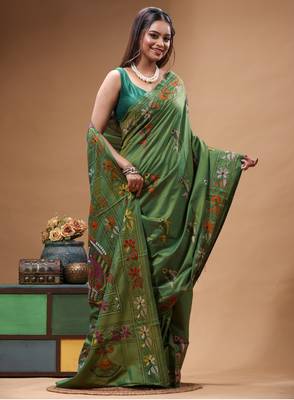olive green silk blend stitch saree with multicolor hand-embroidered floral pallu 2