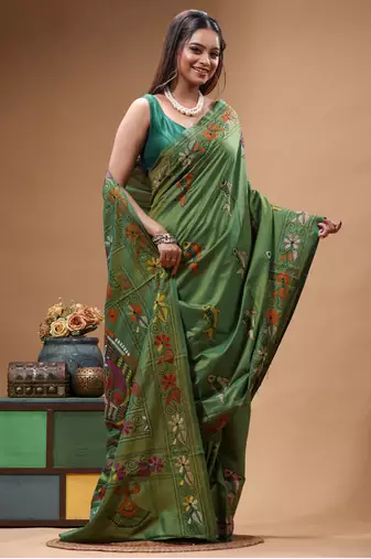 olive green silk blend stitch saree with multicolor hand-embroidered floral pallu