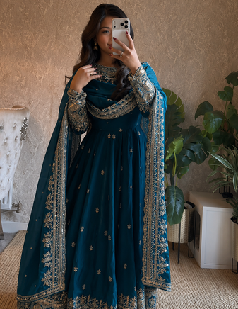 teal color sequin embroidery silk blend gown set