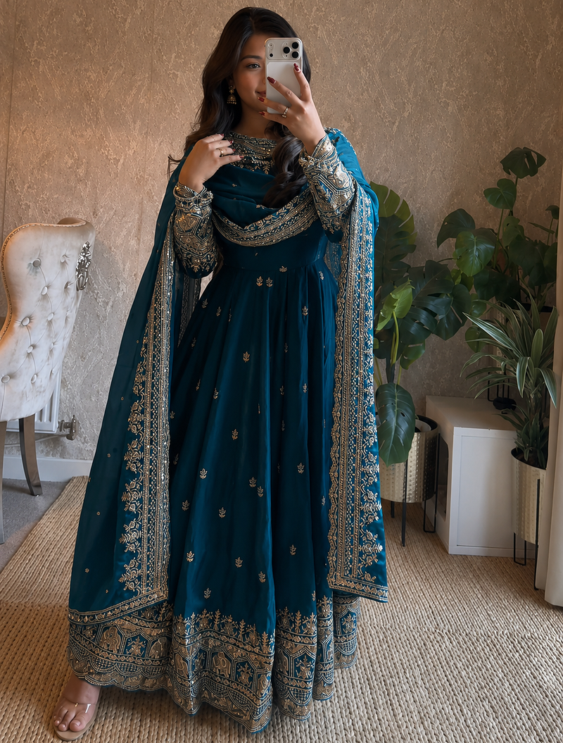 teal color sequin embroidery silk blend gown set