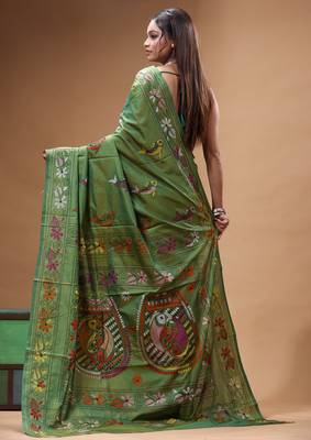 olive green silk blend stitch saree with multicolor hand-embroidered floral pallu 3
