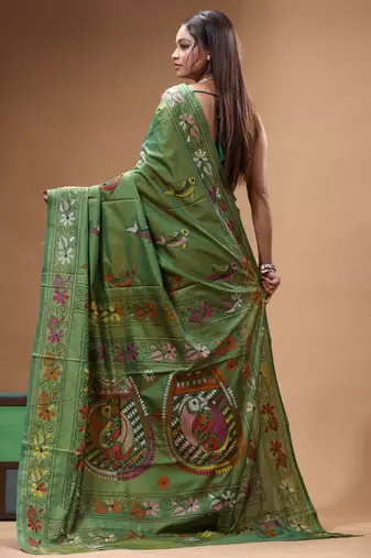 olive green silk blend stitch saree with multicolor hand-embroidered floral pallu