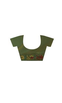 olive green silk blend stitch saree with multicolor hand-embroidered floral pallu 4