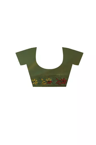 olive green silk blend stitch saree with multicolor hand-embroidered floral pallu