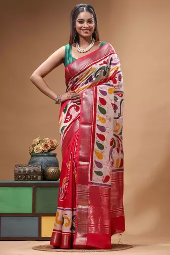 elegant pink silk blend saree with multicolor hand-painted floral art & rich golden zari border