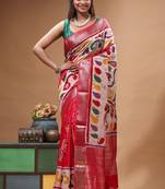elegant pink silk blend saree with multicolor hand-painted floral art & rich golden zari border