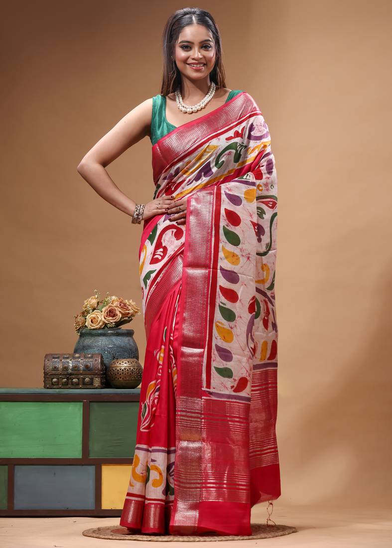 elegant pink silk blend saree with multicolor hand-painted floral art & rich golden zari border