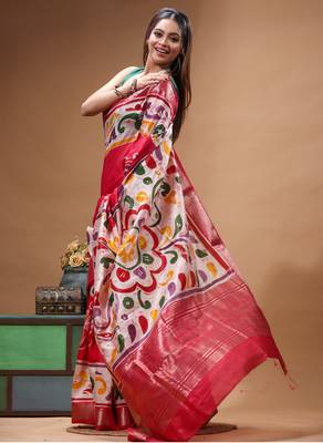 elegant pink silk blend saree with multicolor hand-painted floral art & rich golden zari border 2