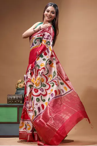elegant pink silk blend saree with multicolor hand-painted floral art & rich golden zari border