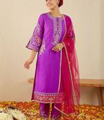 Floral Yoke Design Round Neck Thread Work Straight Kurta & Dupatta with Trousers
