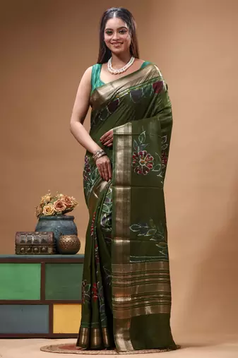 elegant olive green silk blend saree with hand-painted floral art & rich golden zari border