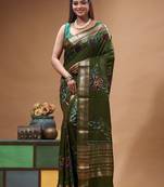 elegant olive green silk blend saree with hand-painted floral art & rich golden zari border